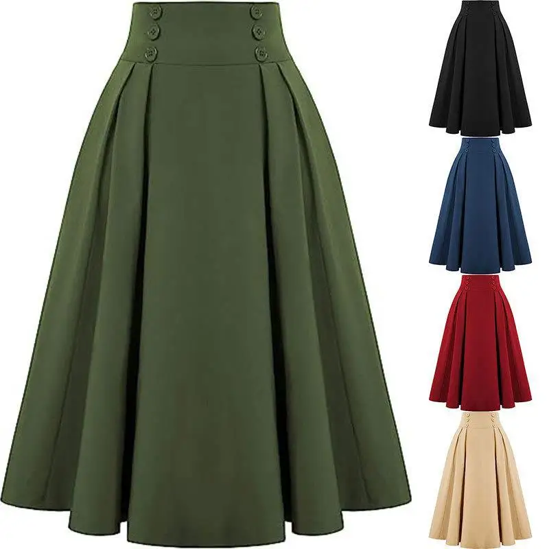 

Vintage High Waist Pleated Long Skirt Women's Casual A-Line Midi Skirt Polyester Fiber High Waist Design Classic Folded Skirt