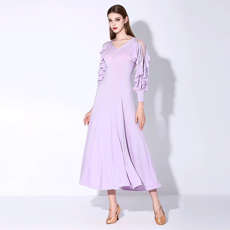 Vestido elegante de seda de hielo de lujo para mujer, vestido elegante de gasa morado claro para danza moderna, vals, Foxtrot, Tango, práctica de baile de salón