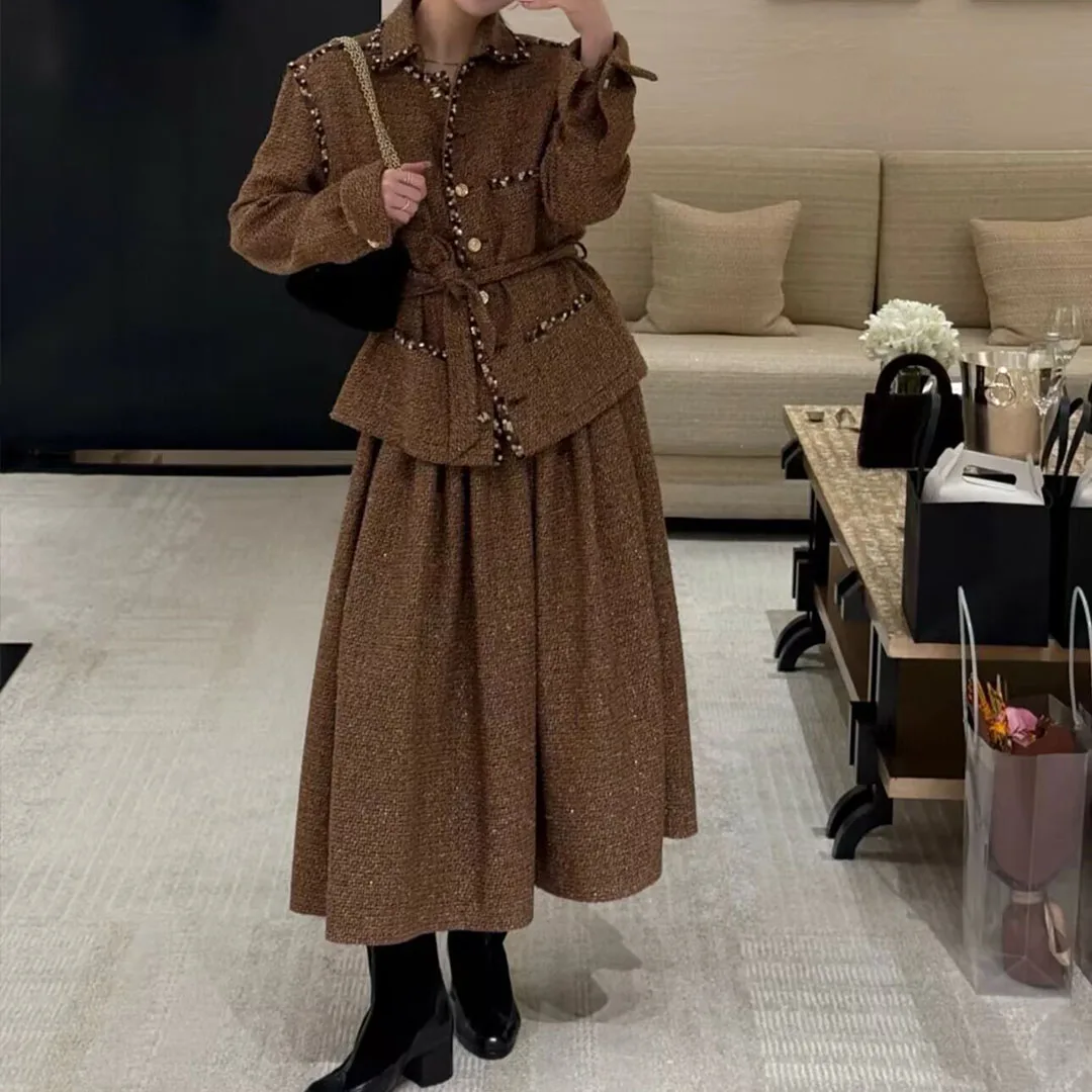 

2025 New Fall Winter Vintage Brown Gingham Woolen Tweed Long Skirts Women High Waist Zipper Gold Buttons Pleated Ball Gown Skirt