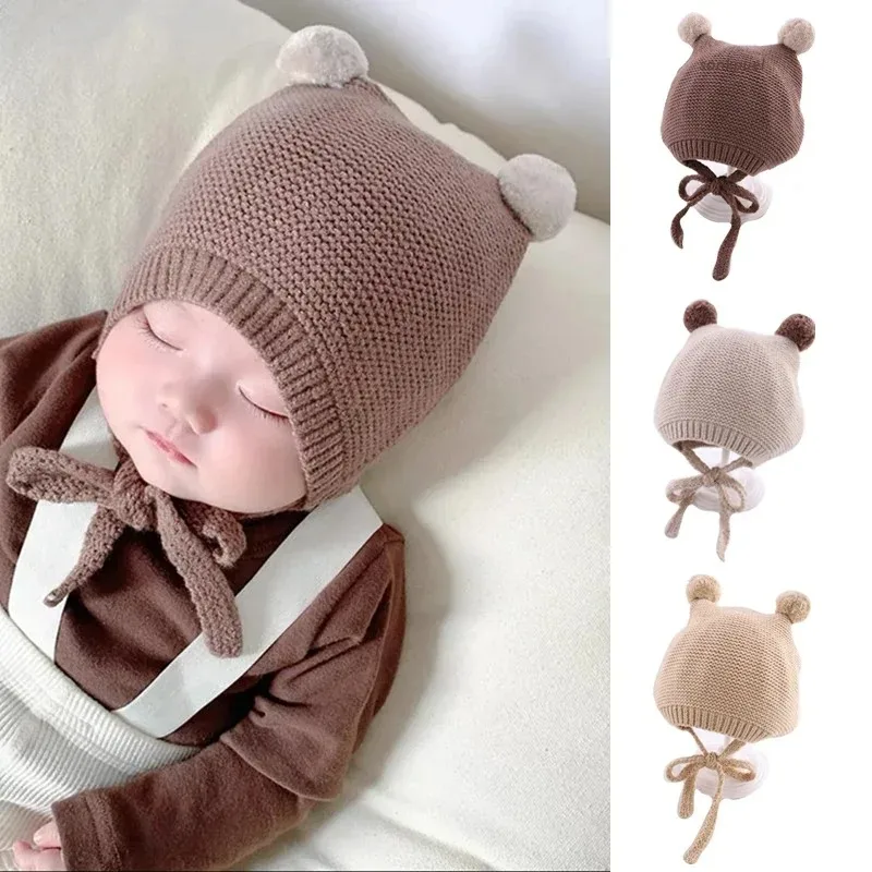 Autumn Winter Warm Knitted Baby Hat Soft Double Pompom Newborn Toddler Beanies Cap Solid Color Crochet Infant Girl Boy Bonnet