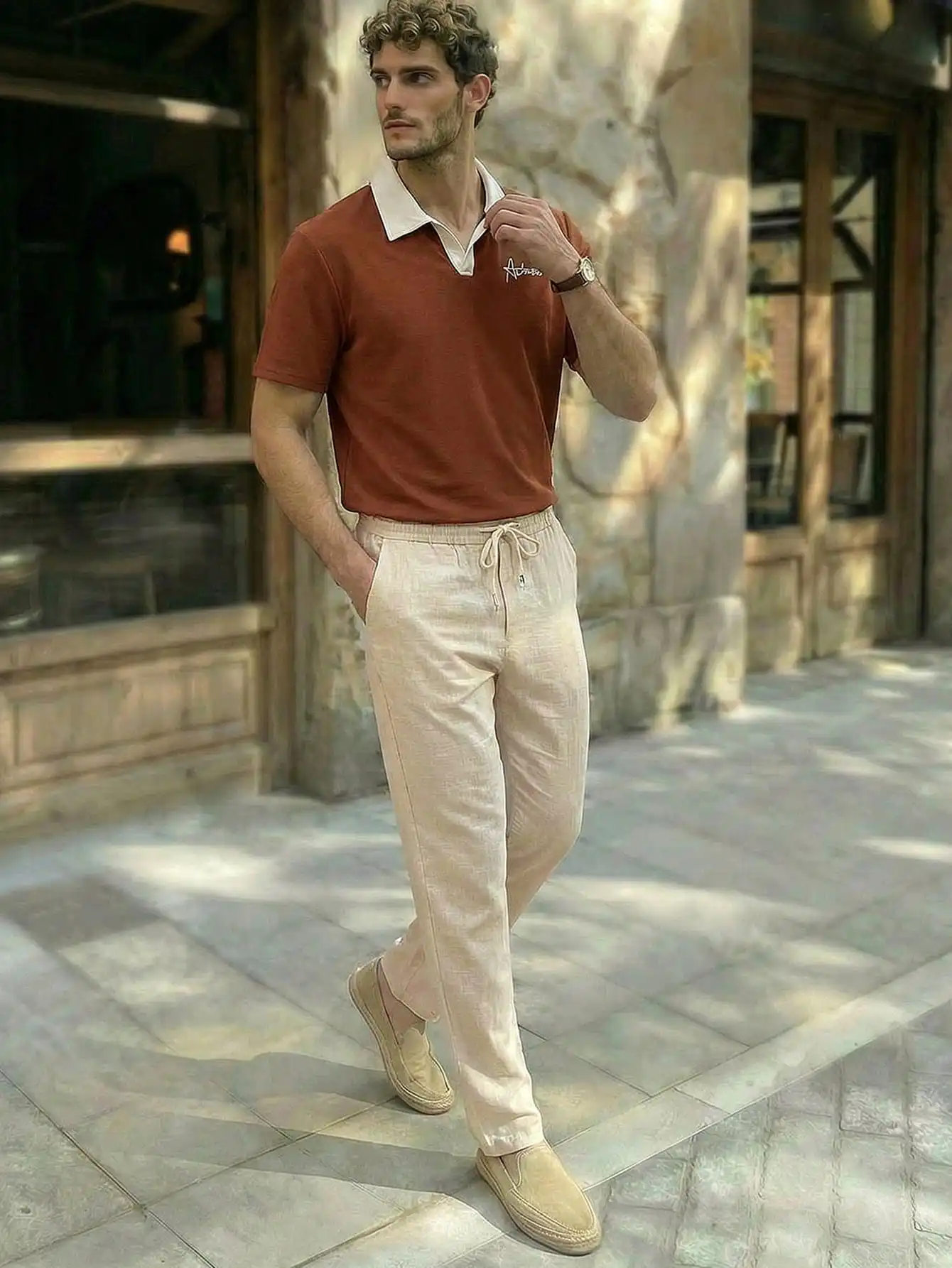 

Men's Rust Solid Color Short Sleeve Polo Shirt with Contrast Collar