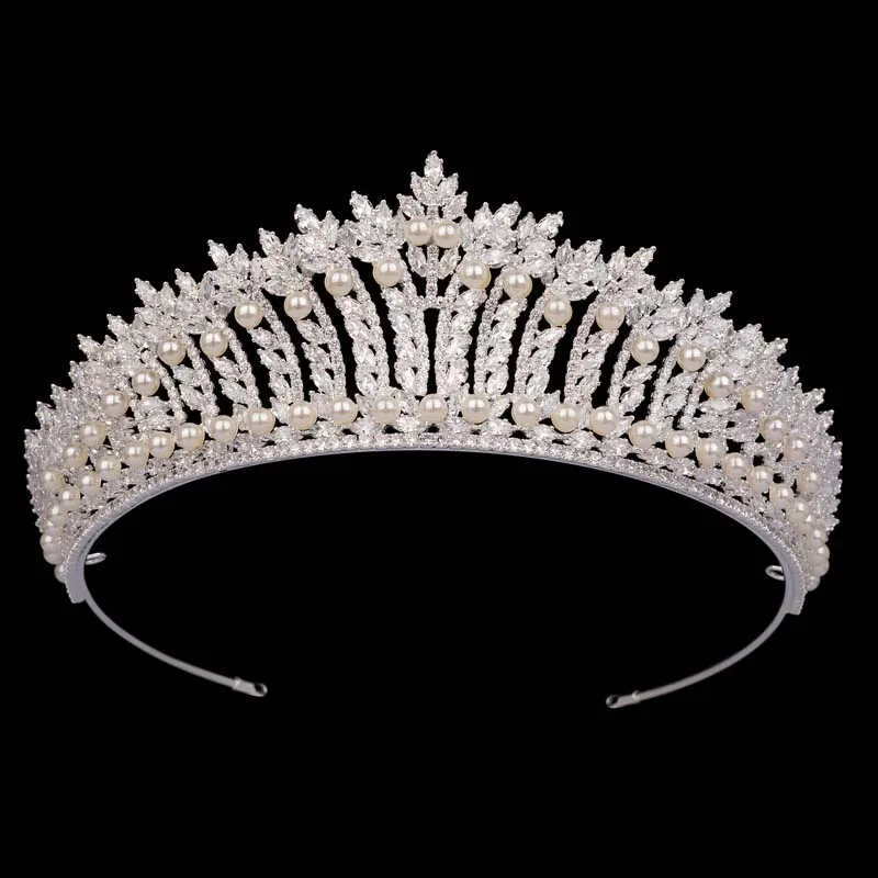 

HADIYANA Gorgeous Attractive Pearls Princess Tiara Crown Cubic Zirconia Shining Women Wedding Crown BC7215 Girls Head Jewelry