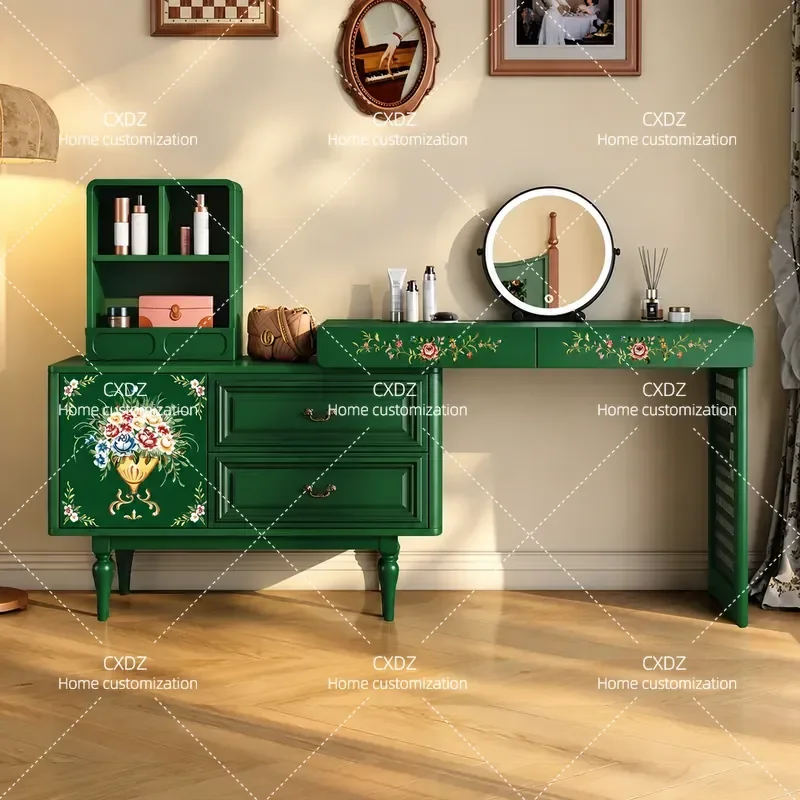 Green Painted Dresser with Mirror and Storage Cabinet Embroidered Classical Flower Makeup Table Vanity Desk for Bedroom