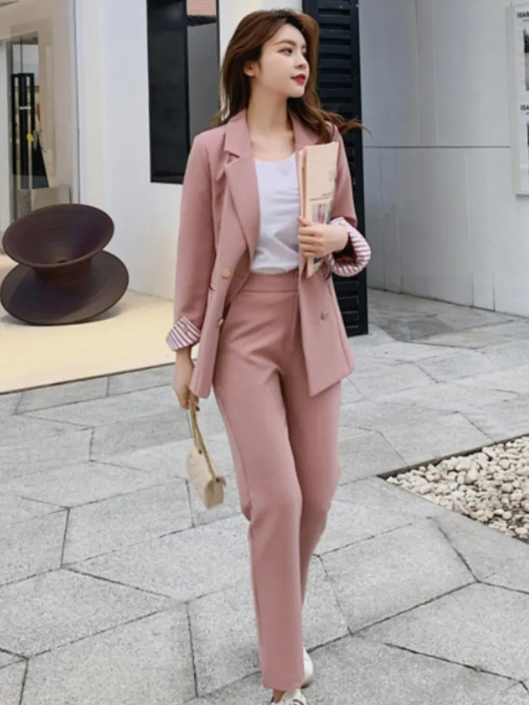 Womens 2 Piece Korean Style Fashion Formal Pant Suit Set Office Ladies Stylish Commuter Business Workwear Blazer Jacket Trousers