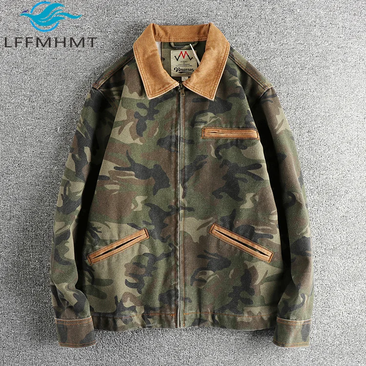 

Винтажная камуфляжная хлопковая куртка с контрастным воротником и винтажной курткой Детройт Ретро-модная рабочая одежда в стиле ретро для мужчин