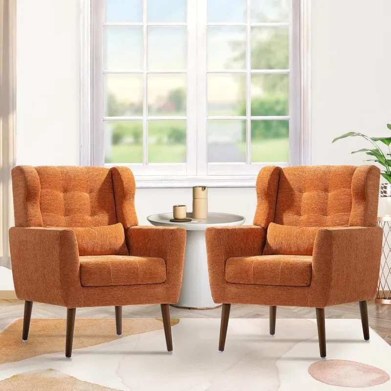 Upholstered Accent Chair Set of 2, with Pillow,  Lounge Seat and Wood Legs  for Living Room Small Spaces (Orange)