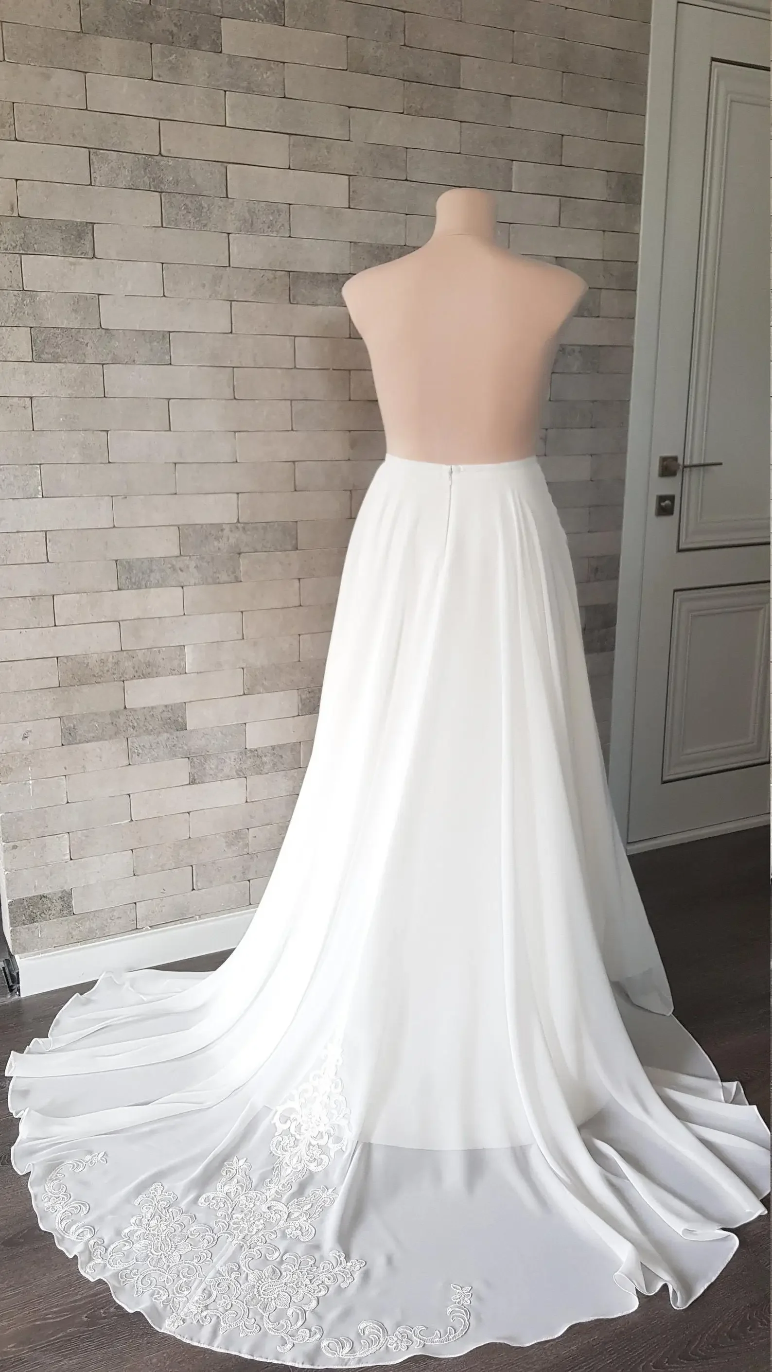 Saia de chiffon para casamento, saia com trem para separações de casamento, saia de chiffon com apliques removíveis