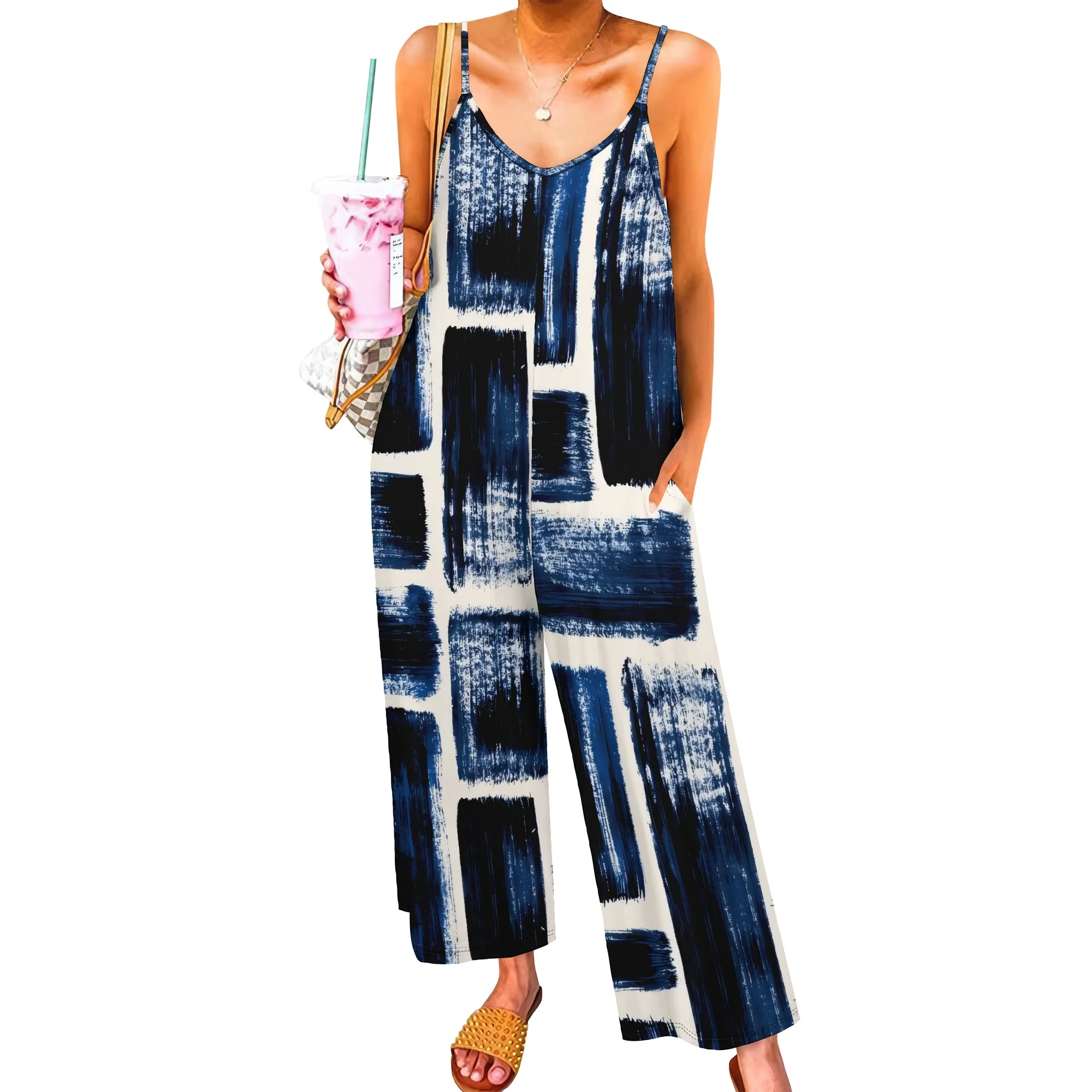 EQQZD Women's Black Spaghetti Strap Pocket Jumpsuit Polyester Wide-Leg Ankle Casual Summer Trendy