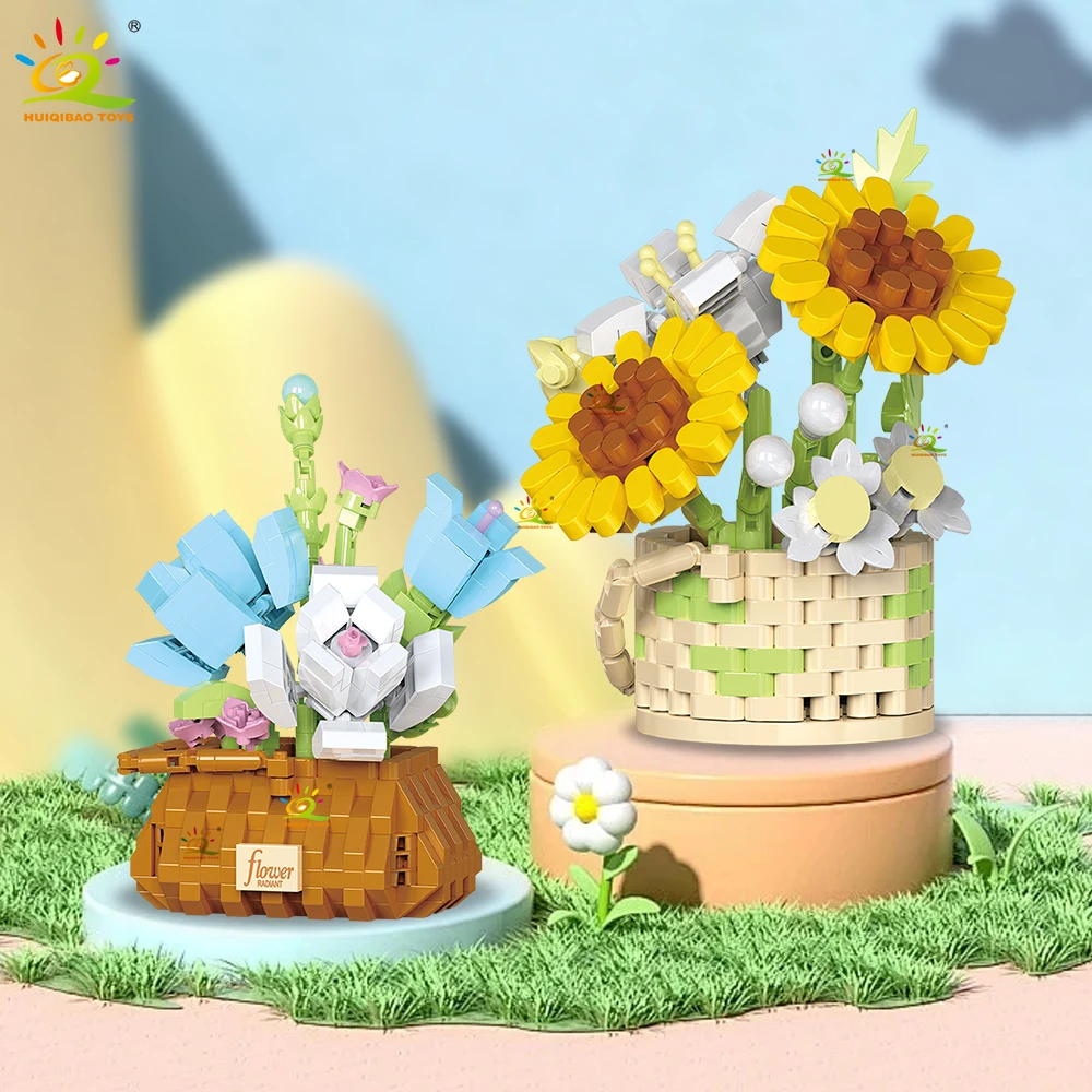 HUIQIBAO MOC Цветочный горшок Микро Строительный блок DIY Роза Подсолнух Букет Мини Алмазная модель Кирпичная игрушка для детского декора стола.