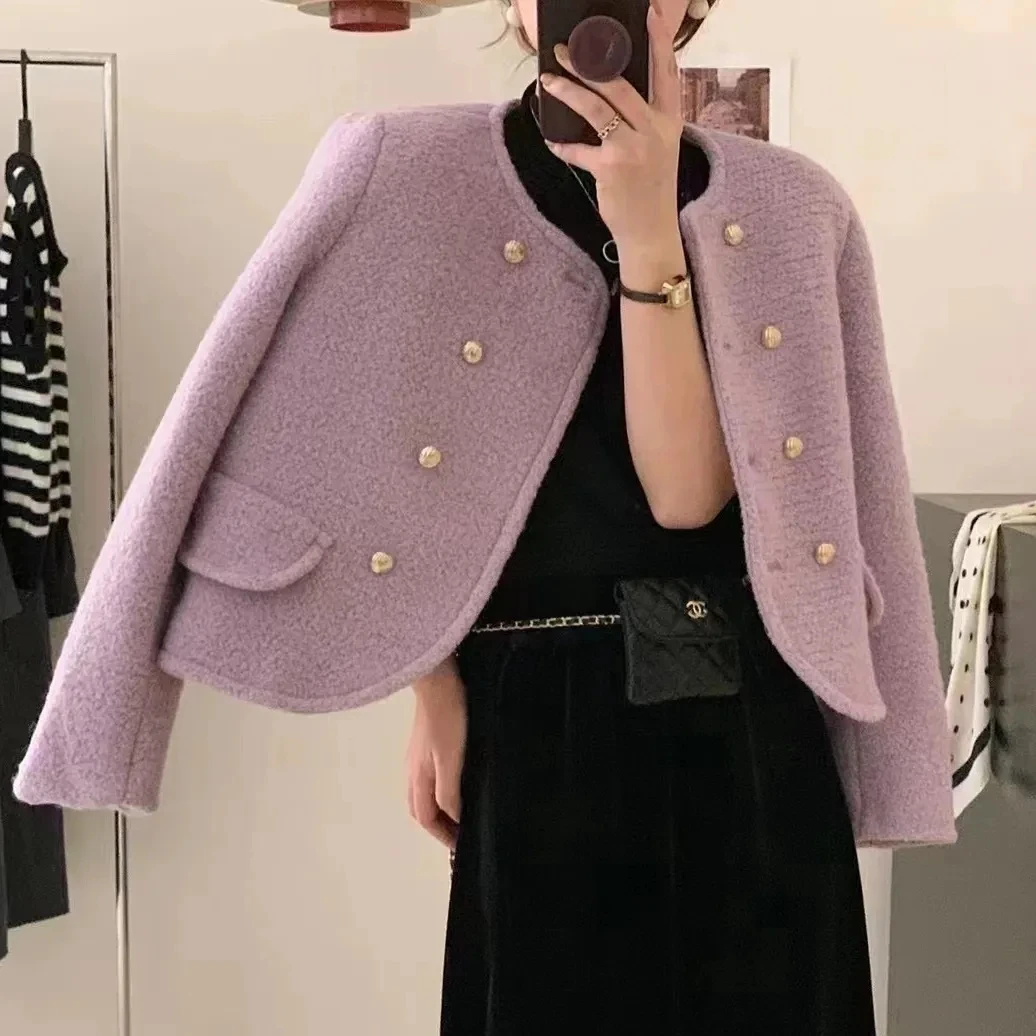 

2022 Winter Round Neck Cotton Jacket Women's Double Breasted Red Purple High Quality Female Coat