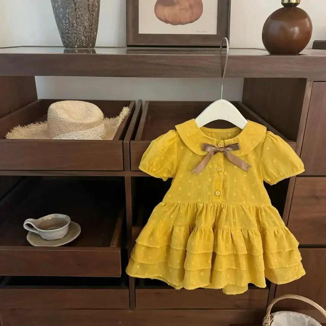 Sweet and Lovely Baby Girl Sweet College Style Yellow Polka Dot Jacquard Cake Princess Dress