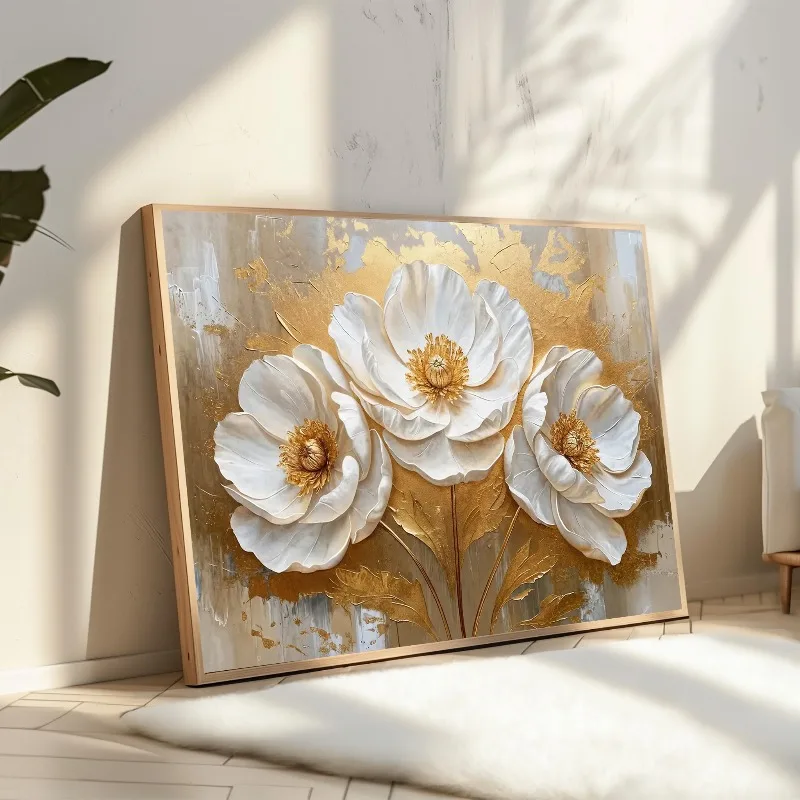 Large Size Bouquet Golden White Flower Pink Cherry Blossom Tree Canvas Painting Print Poster Wall Art Living Room Home Decor