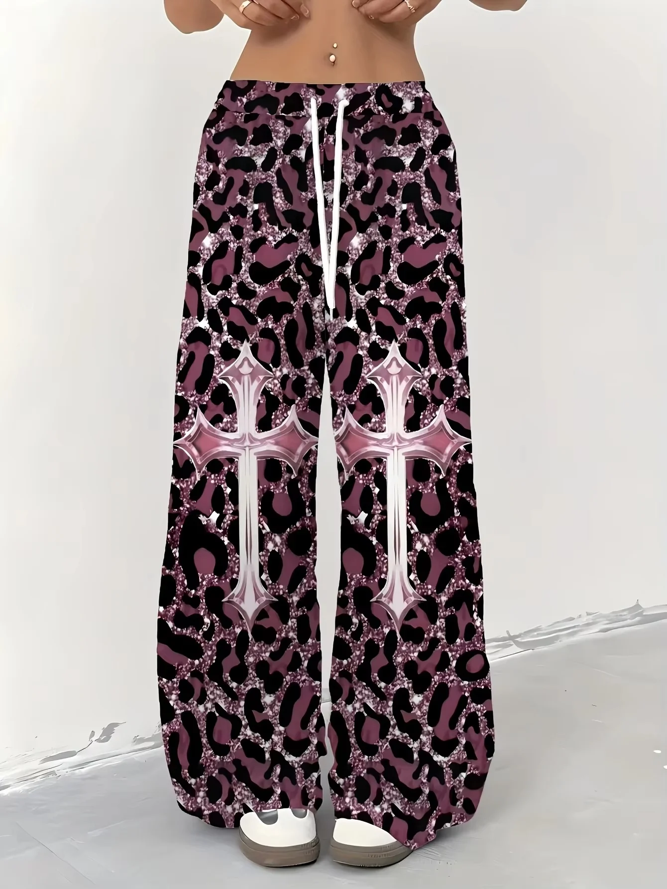 

Новые розовые брюки в стиле готика с леопардовым принтом и 3D-дизайном, унисекс, с эластичным поясом на шнурке, в стиле Y2K, уличная мода, детская одежда
