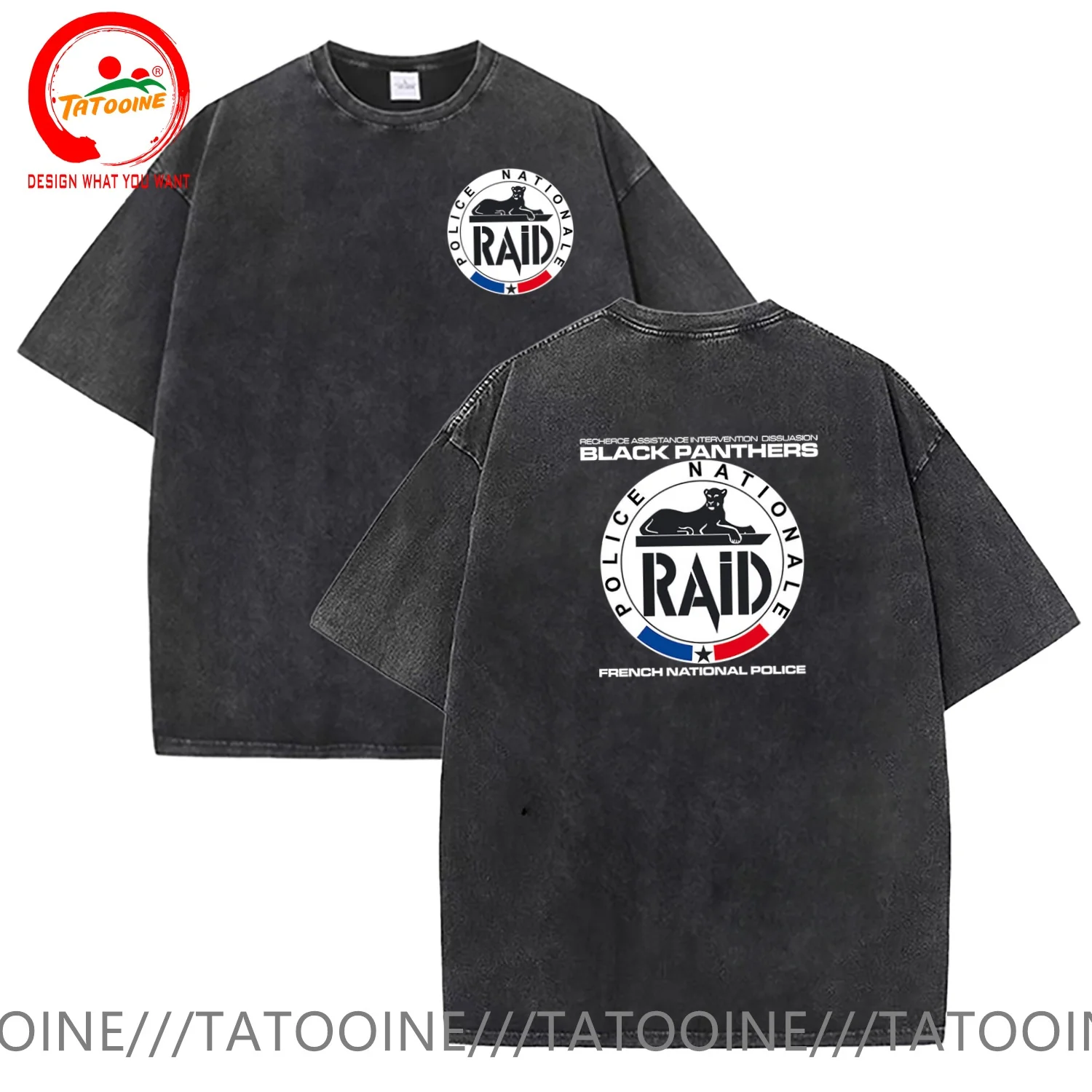 

Vintage Washed Cotton T-Shirt Funny Designer RAID FRENCH NATIONAL Police T Shirt Men Fashion Trendy Casual Clothing Stylish Top