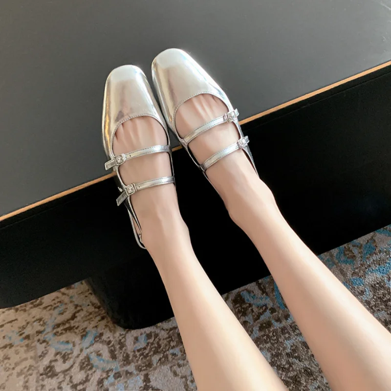 Women Flats Silver Mary Jane Sandals Female Summer New Leather Mary Jane Strap Fashion Square Toe Shallow Elegant Flats Pumps