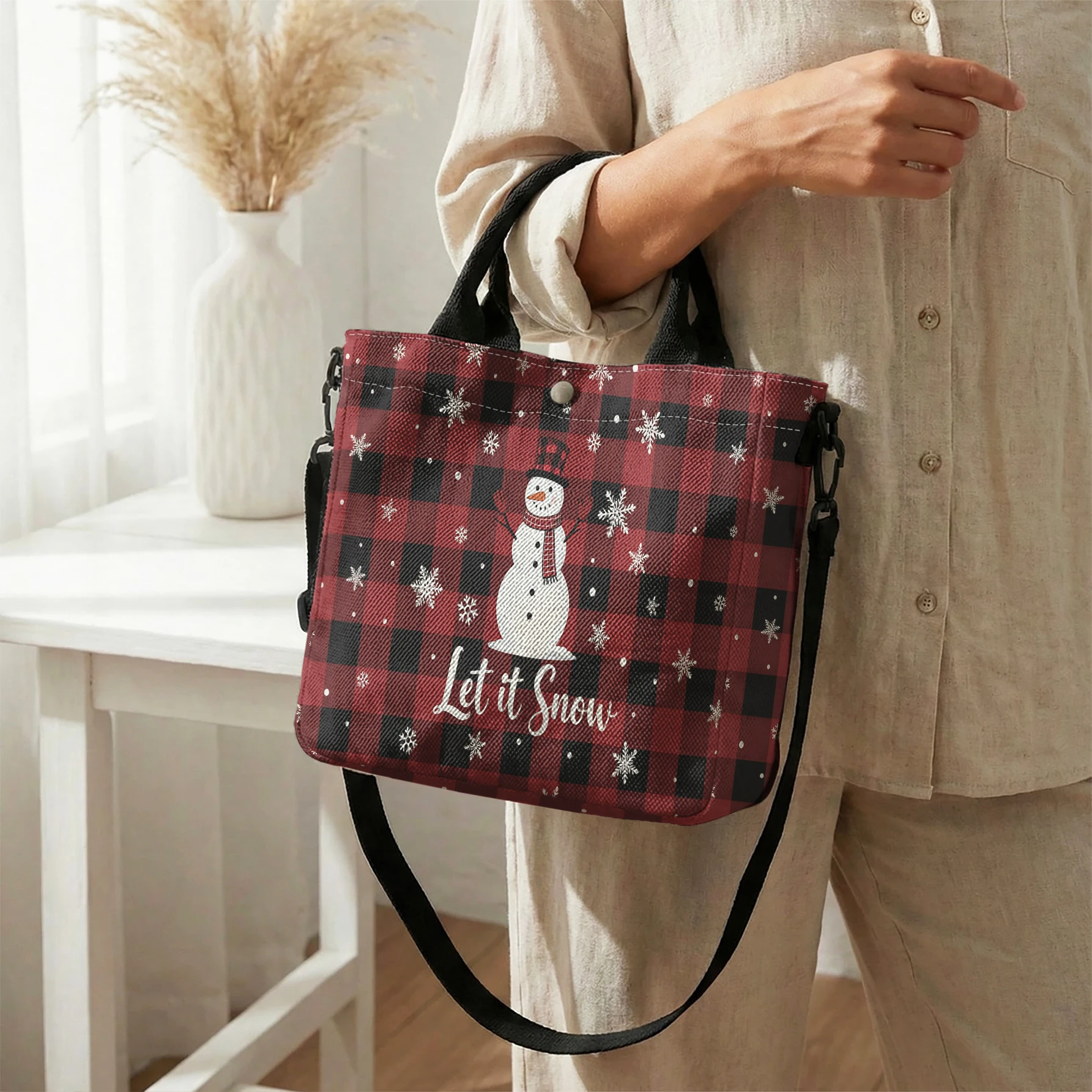 Let It Snow Snowman Red Plaid Print Tote Bag, Detachable Strap Crossbody Handbag For Daily Work Shopping