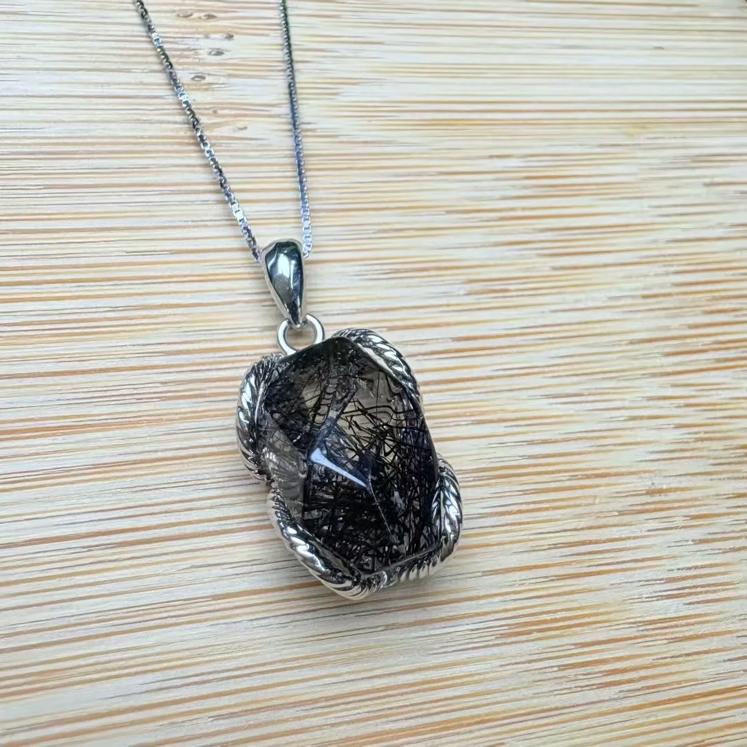 

1 Pc Fengbaowu Natural Black Rutilated Quartz Pendant Irregular Shape 925 Sterling Silver Reiki Healing Stone Jewelry Gift