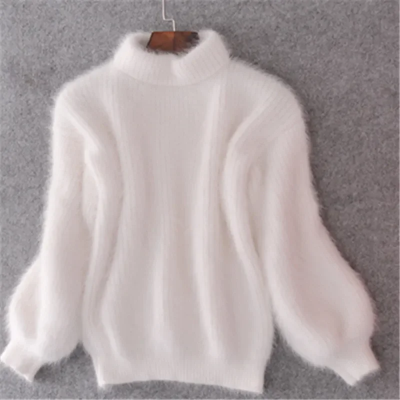 

Faux Fur Half High Collar Pullover Sweater Spring Autumn Winter Loose Fit Solid Color Knitted Sweater Women's Lantern Sleeve