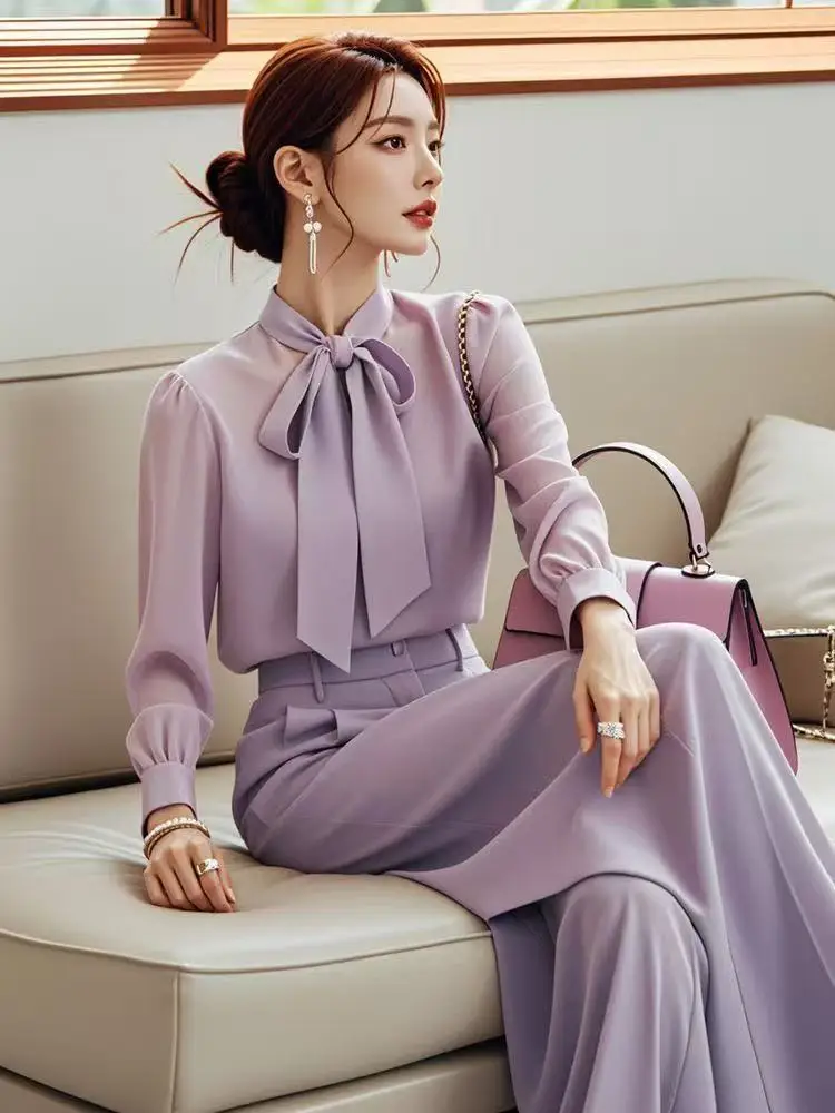 Autumn New Fashion Office Lady Outfits Elegant Lace Up Collar Puff Sleeve Blouses + High Waist Wide Leg Pants Two Piece Set