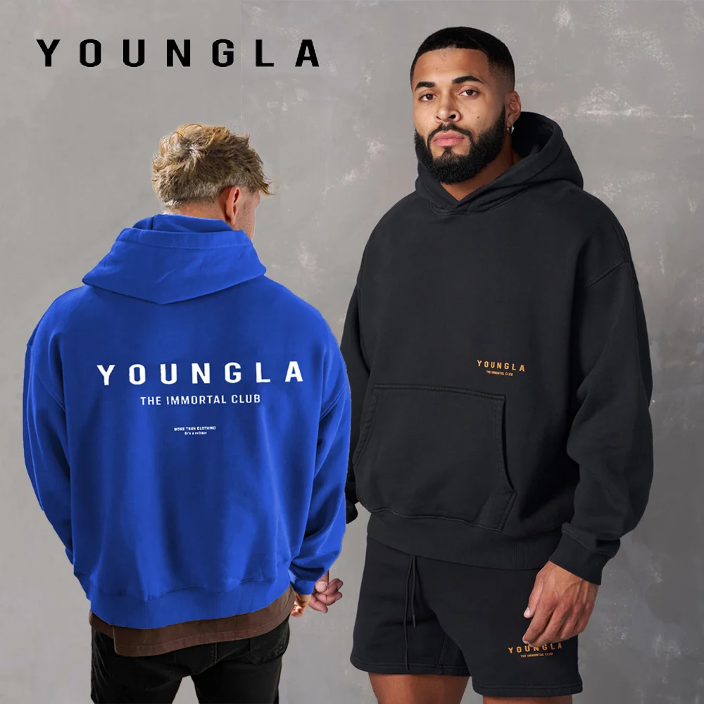 

YOUNGLA Мужская толстовка с капюшоном, повседневная универсальная двухслойная куртка из композитной ткани, свободная и удобная спортивная толстовка с принтом для фитнеса