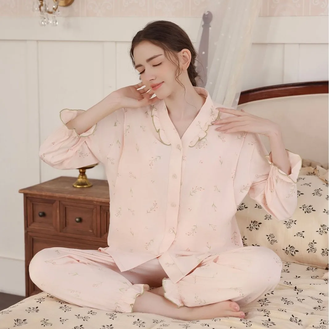 Large Size Cooling Pure Cotton Nightgown with Chest Pad Maternity Nursing Sleepwear Breathable Spring Summer Long Sleeve