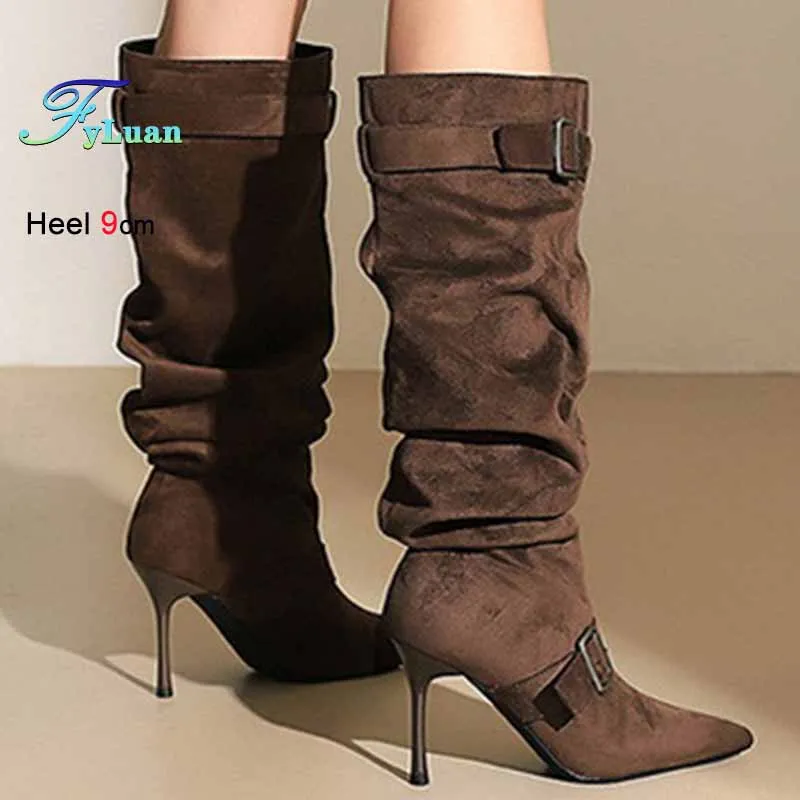 

Autumn Winter Dark Brown Pleated Suede Women's Knee High Boots Pointed Head Belt Buckle Thin High Heels 9cm Ladies Knight Boots