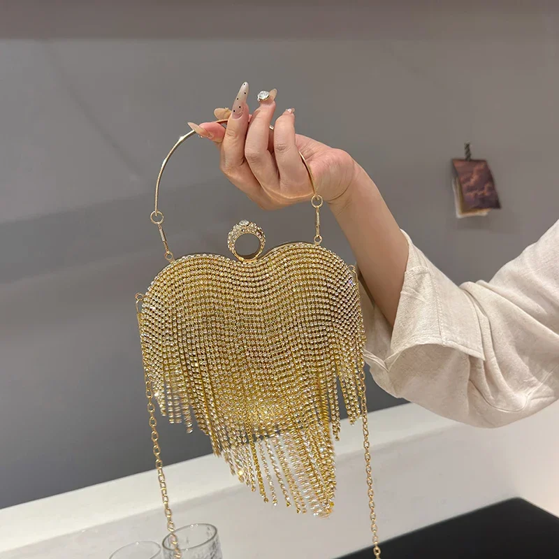 Tassel Diamond Handbags for Women 2024 Trend Fashion Evening Bag Chic Party Cute Luxury High Quality Heart Female Shoulder Bag