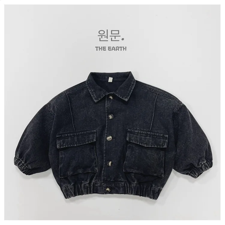 Childrens Boys Denim Jacket Autumn New Korean Solid Color Toddler Boys Cardigan Jacket Retro Pocket Kids Baby Boys Jacket