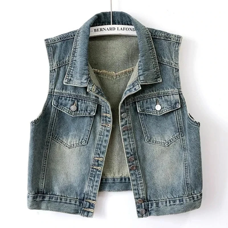 

Retro Denim Jeans Vest Coat Women's Short Sleeveless Jeans Jacket Spring Autumn Lady Korean Loose Denim Waistcoat Camisole Tops