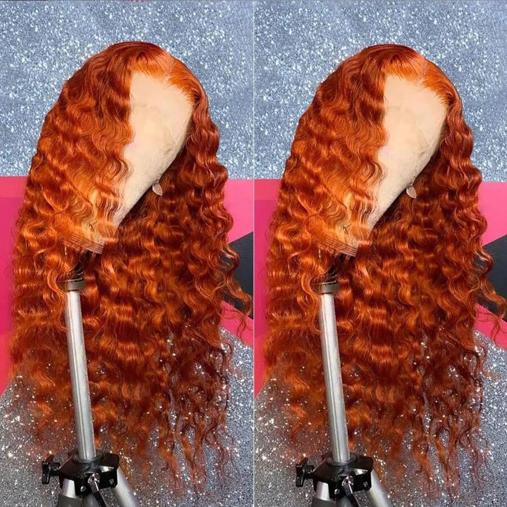

22 Inch Ginger Orange Lace Front Wigs Water Wave Human Hair 13x4 Transparent Lace Frontal Wig for Women #350 Colored Curly Hair