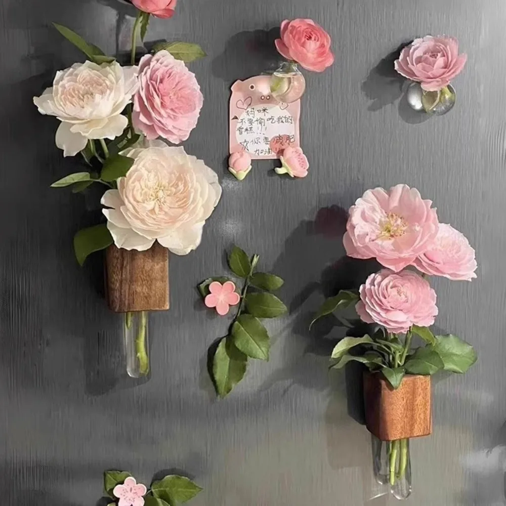 Wooden Test Tube Vase Mini Bonsai Fresh Flower Display Refrigerator Vase Decorative French Country Style Simulation Flower Vase