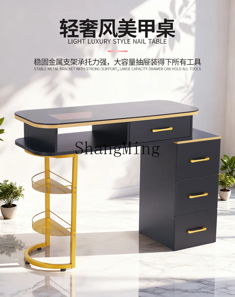 Mesa para uñas FG de vidrio marrón con 12 compartimentos de almacenamiento, color dorado y negro, de lujo y ligero