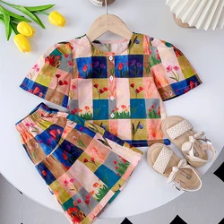 Girls' Set 2024 Summer New Girls' Plaid Flower Print Round Neck Top+Short Skirt Two Piece Fashion Children's Set