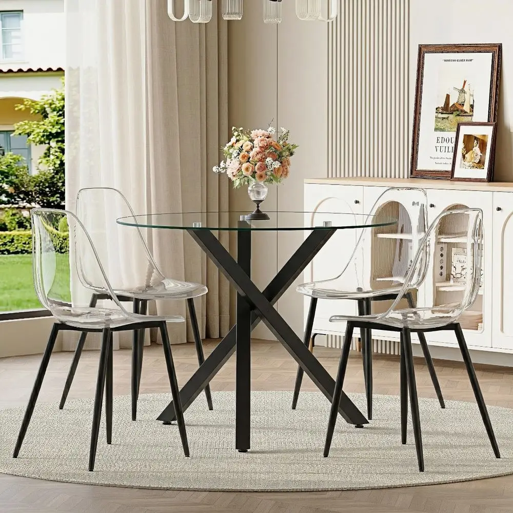 Glass Dining Table Set for 4, 39Inch Black Metal Base, 5Pc