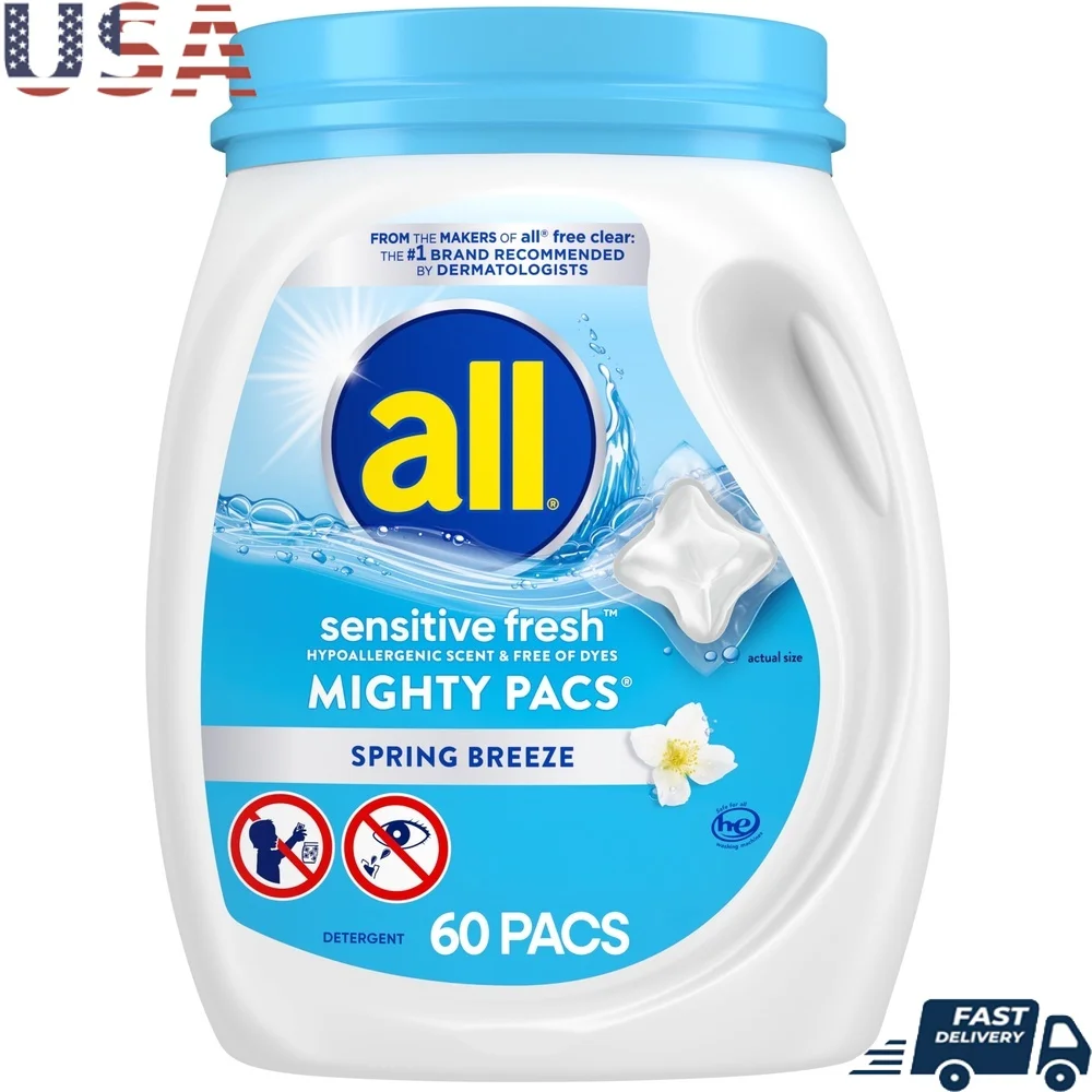 

Блок для дозы, пакеты для стирального порошка, чувствительные, свежие, 60 шт., нежная очистка, чувствительная кожа, эффективная в холодной воде, без красителя