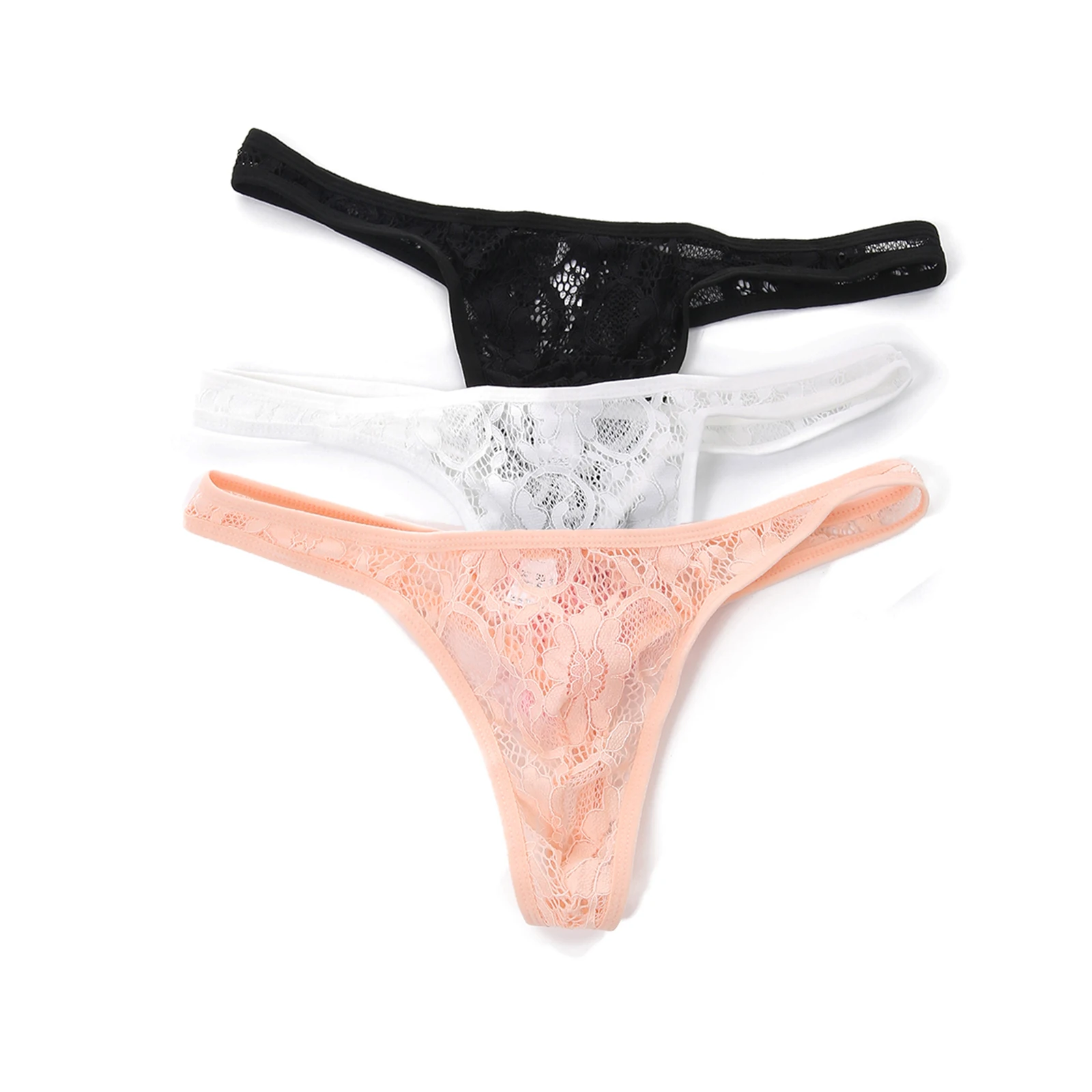 3 Pack Sexy Men Underwear Lace Thong Tanga Hombre G String U Convex Pouch Transparent Underpants T-Back Lingerie Panties