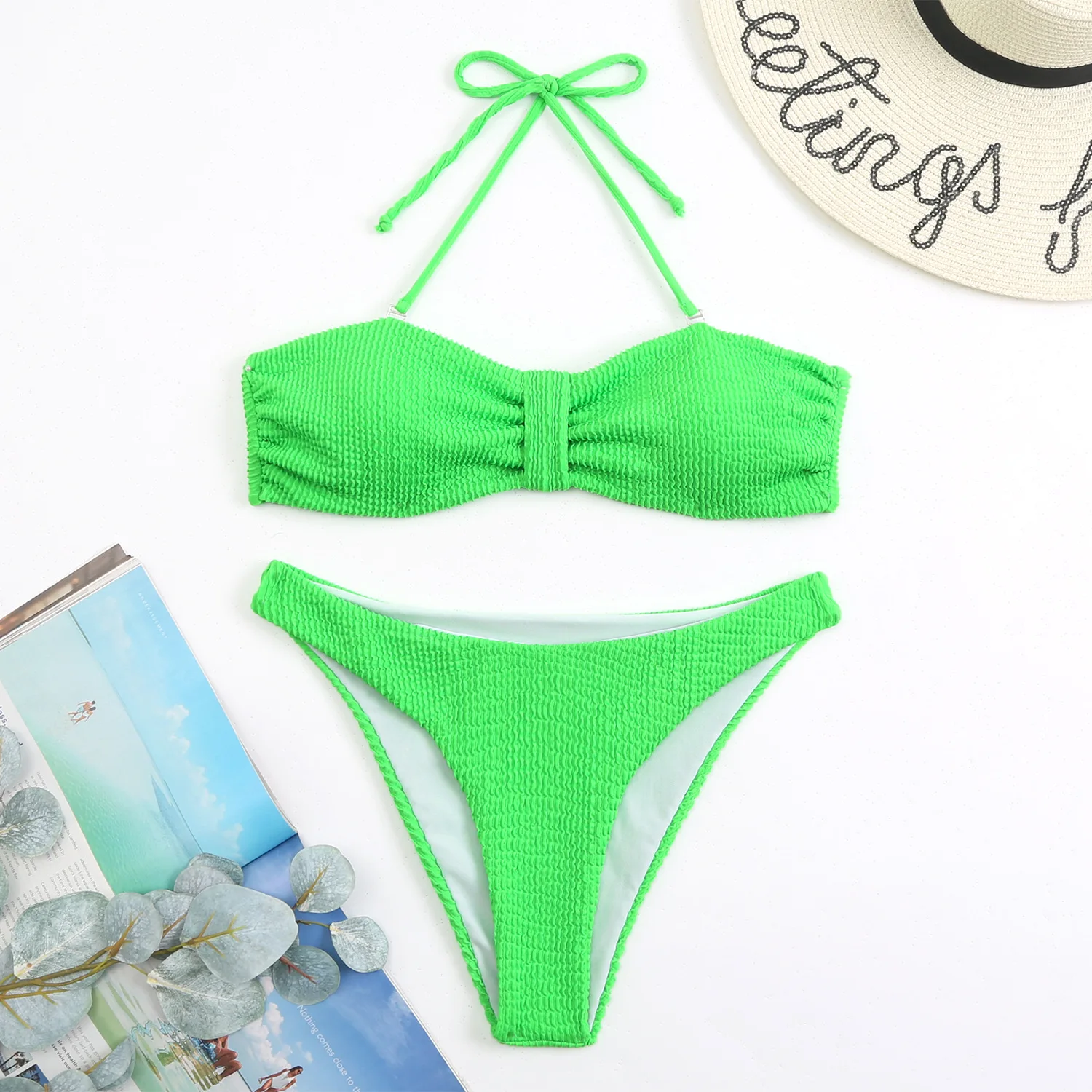 2023 Solid Color Bikini Set Split Women Bandage Backless Swimsuit High Waist Strap Nack Fit Beach Biquine Brasileiro Swimwear