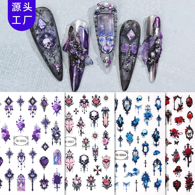 55D Halloween Punk Skull Nail Art Stickers Vintage Purple Pink Rose Nail Decals for Festival Party DIY Manicure Decoration