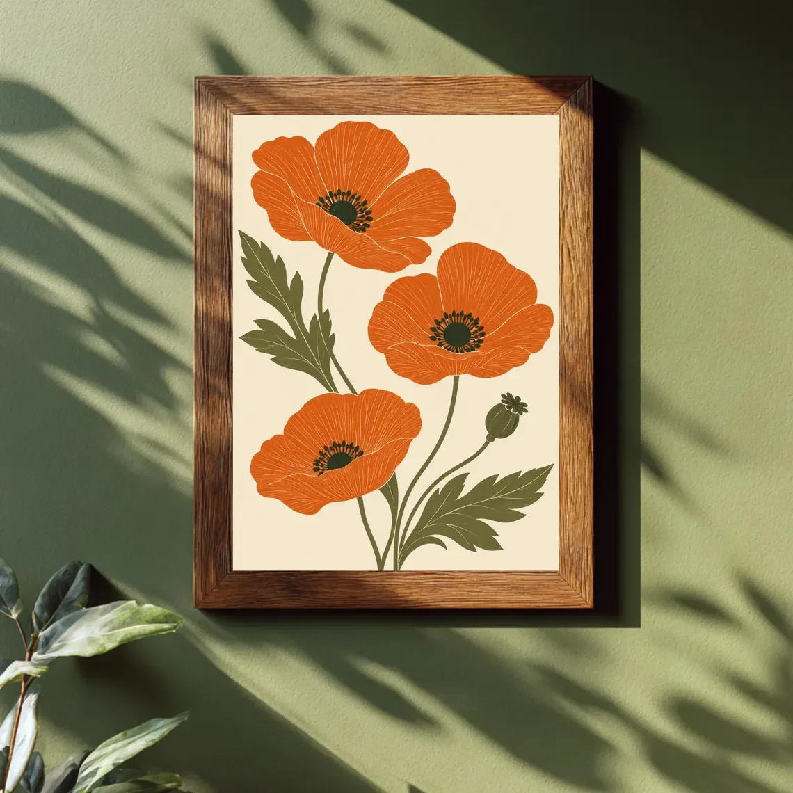 Orange Poppy Wall Art, Rust Orange Floral Print, Retro Botanical Poster, Mid Century Flower Decor, Cream Green Floral Art, Poppy