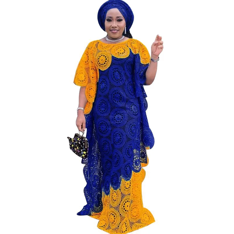 Africa Elegant Lace Abayas Fashion Dashiki Robe With Inner 2 Piece Dress Sets Women Free Size Muslim Kaftan Loose Long Dresses