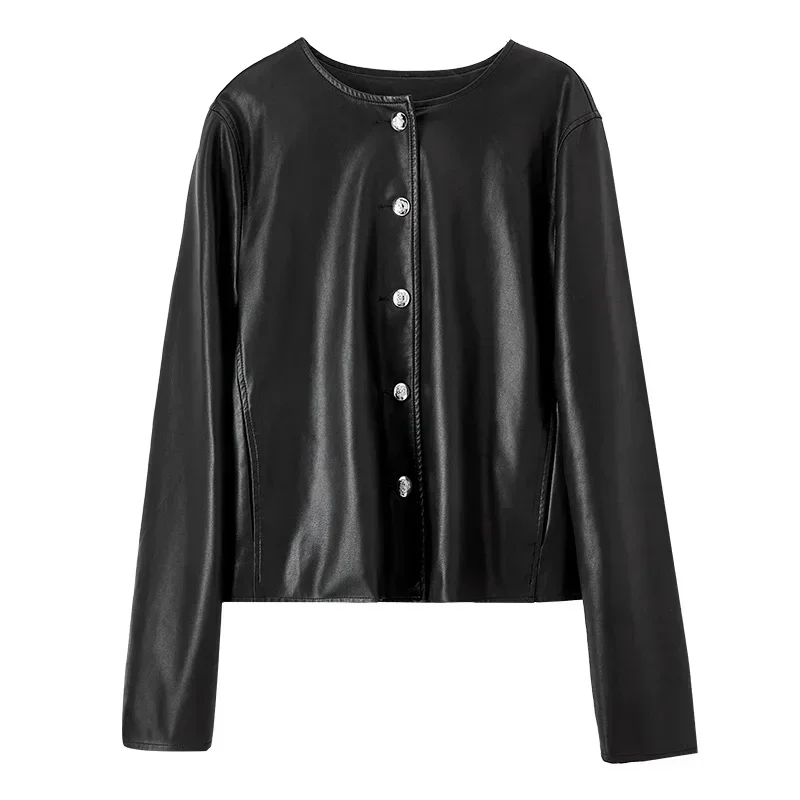 SENTUBILA Zwart Leren Jas Vrouwen 2025, Rechte Eenvoudige Ronde Hals Button Down Pu Kunstleer Korte Jassen Vrouw W43G58043X