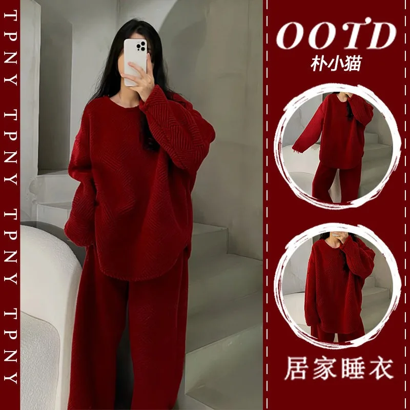 

New Year's Red Coral Velvet Pajamas for Women with Velvet Thickened Winter High-grade Sense Plus Size Warm Home Suit Outside