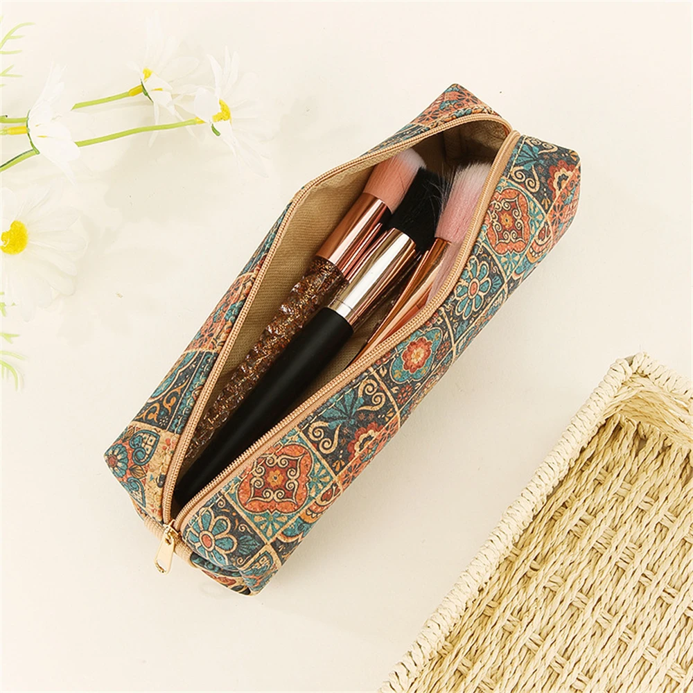 Large Capacity Pencil Case Square Storage Bag Retro Exquisite Cork Stationery Bag Simple Zipper Pen Bag Pencil Pouch Organize