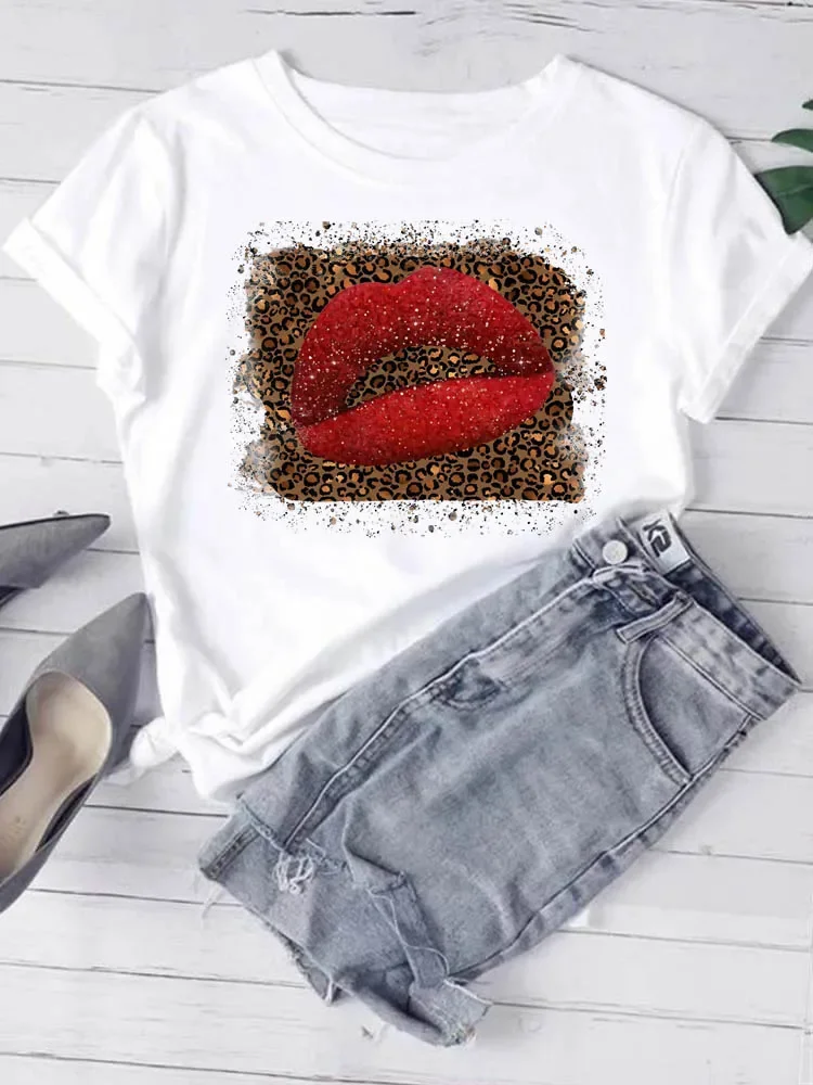 Women Leopard Red Mouth Lip Kiss Printed Girl Tshirt Summer Funny Leopard Graphic Tee Shirt Femme Harajuku T Shirt