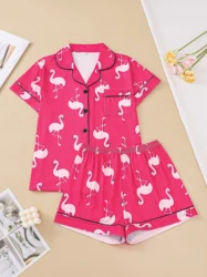 Two-piece set of women's pajamas lapel top and trousers Flamingo summer casual women's pajamas home wear