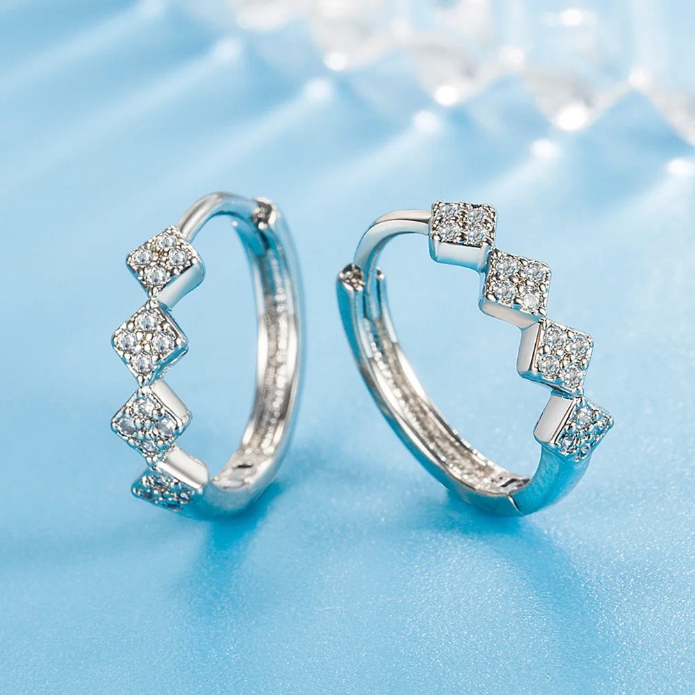 Korean Rhombic Zircon Small Hoop Earrings Round Crystal 925 Silver Needle Loop Ear Rings for Women Wedding Party Jewelry