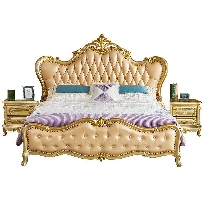 European solid wood double bed, bedroom furniture luxury classical, luxury European and American oak, carved gold