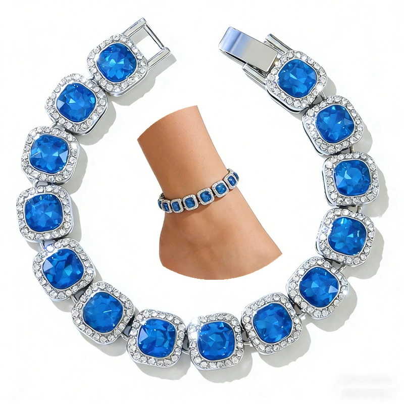 

Shining Square Green /red/ Sky Blue Stone Anklet For Women Silver Color Ankle Bracelet Barefoot Sandals Foot Jewelry 10inch