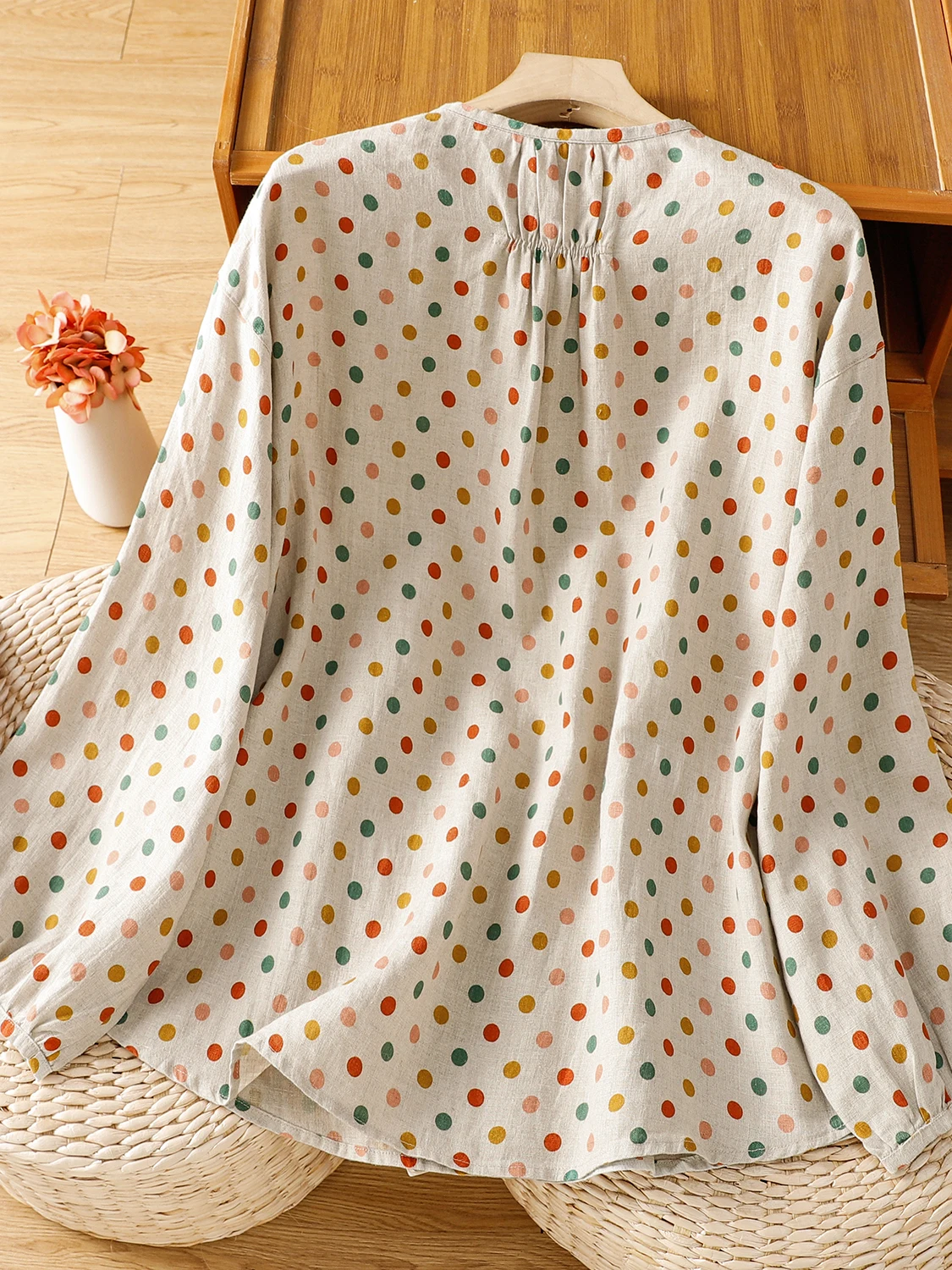 عارضة القطن الكتان البولكا نقطة irt المرأة زائد حجم طويل Sve زر تصميم ثي رقيقة الطية تصميم فني Sle مفتوح C...