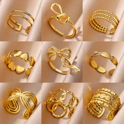 Stainless Steel Bow Knot Heart Rings For Women Gold Color Geometric Open Ring Female 2024 Trendy Wedding Party Jewelry Gift